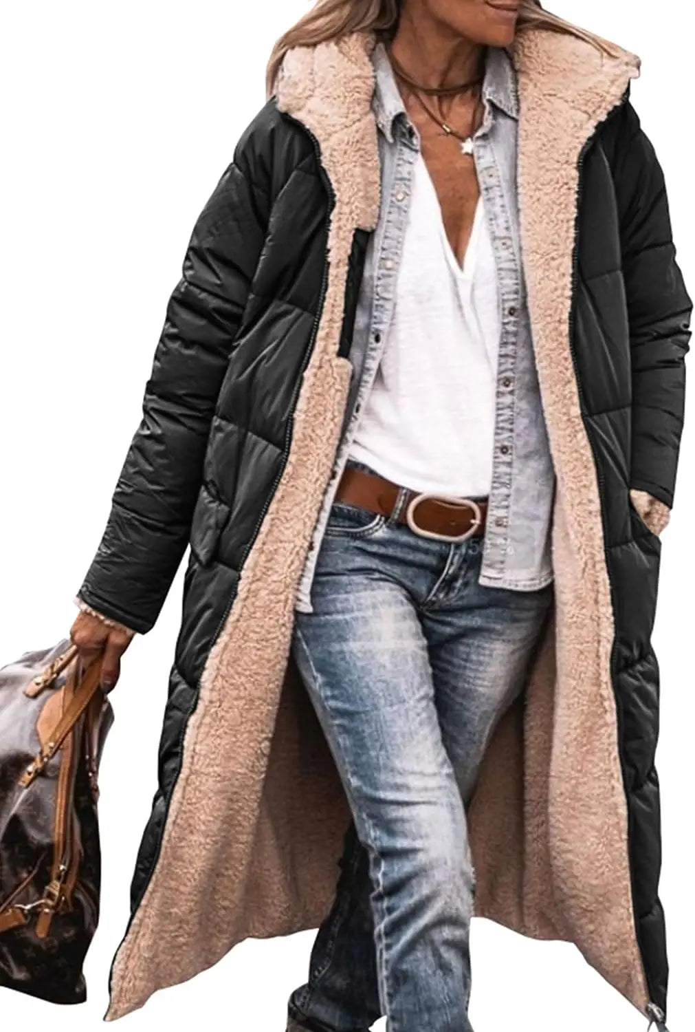 Reversible Sherpa Fleece, Long, Hooded Puffer Coats. Check colors: Brown, Green, Black, Burgundy, Light Gray