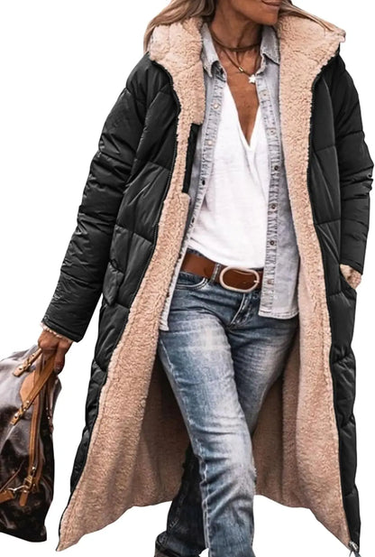 Reversible Sherpa Fleece, Long, Hooded Puffer Coats. Check colors: Brown, Green, Black, Burgundy, Light Gray