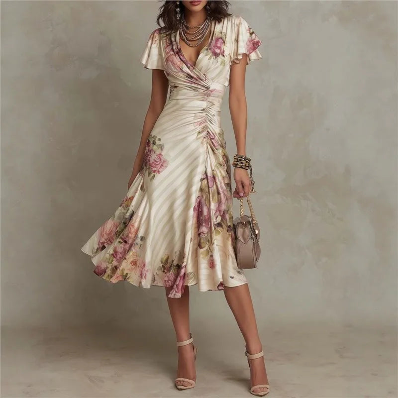 Boho Style Floral Print Midi Dress V Neck High Waist Short Bell Sleeves