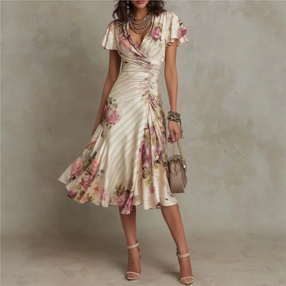 Boho Style Floral Print Midi Dress V Neck High Waist Short Bell Sleeves