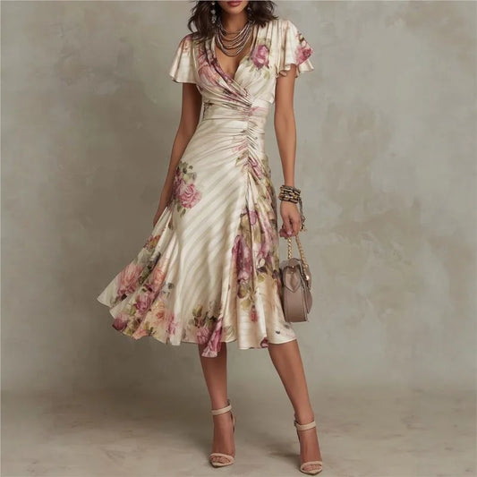 Boho Style Floral Print Midi Dress V Neck High Waist Short Bell Sleeves