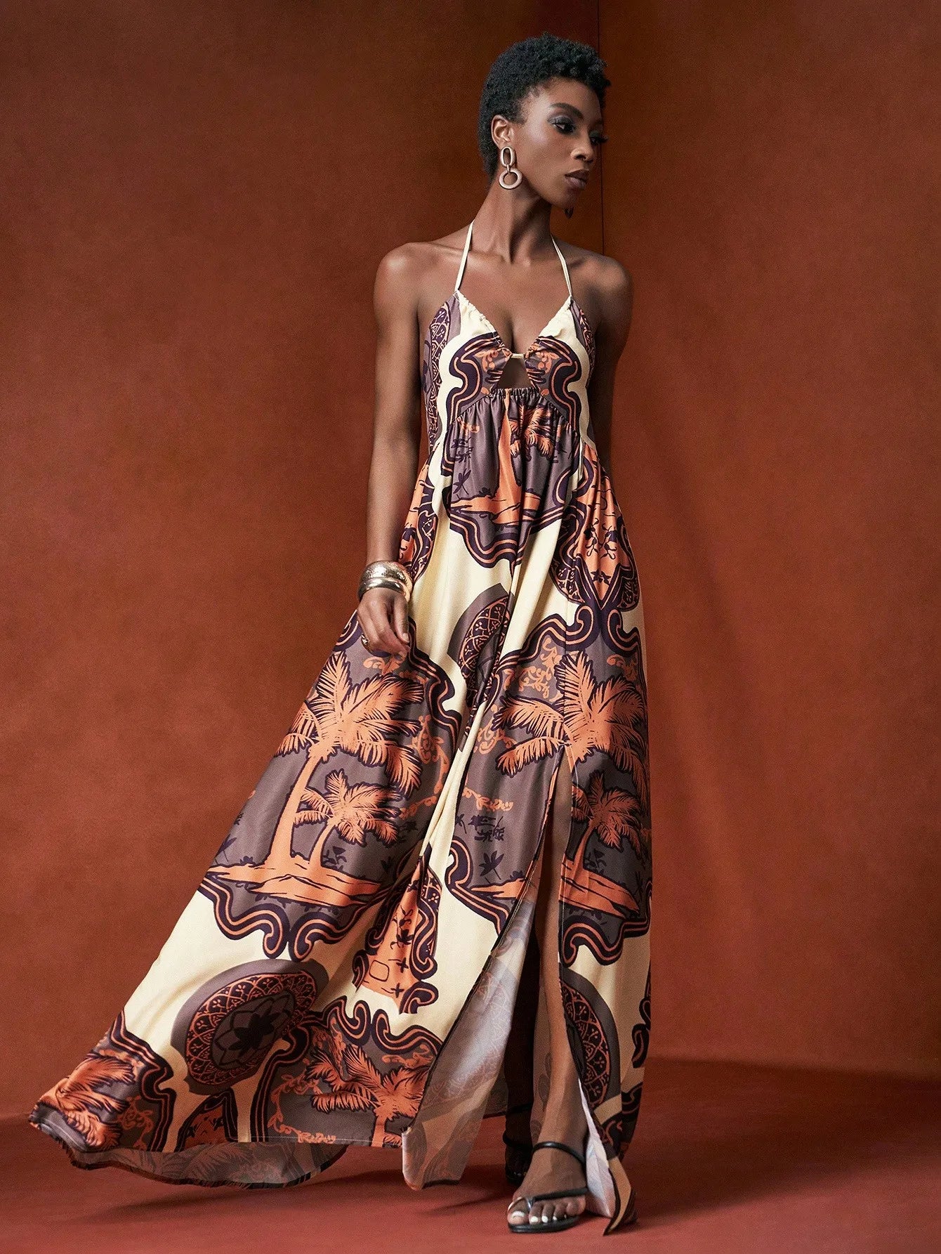 Retro Print Halter Neck Maxi Dress with Side Slit