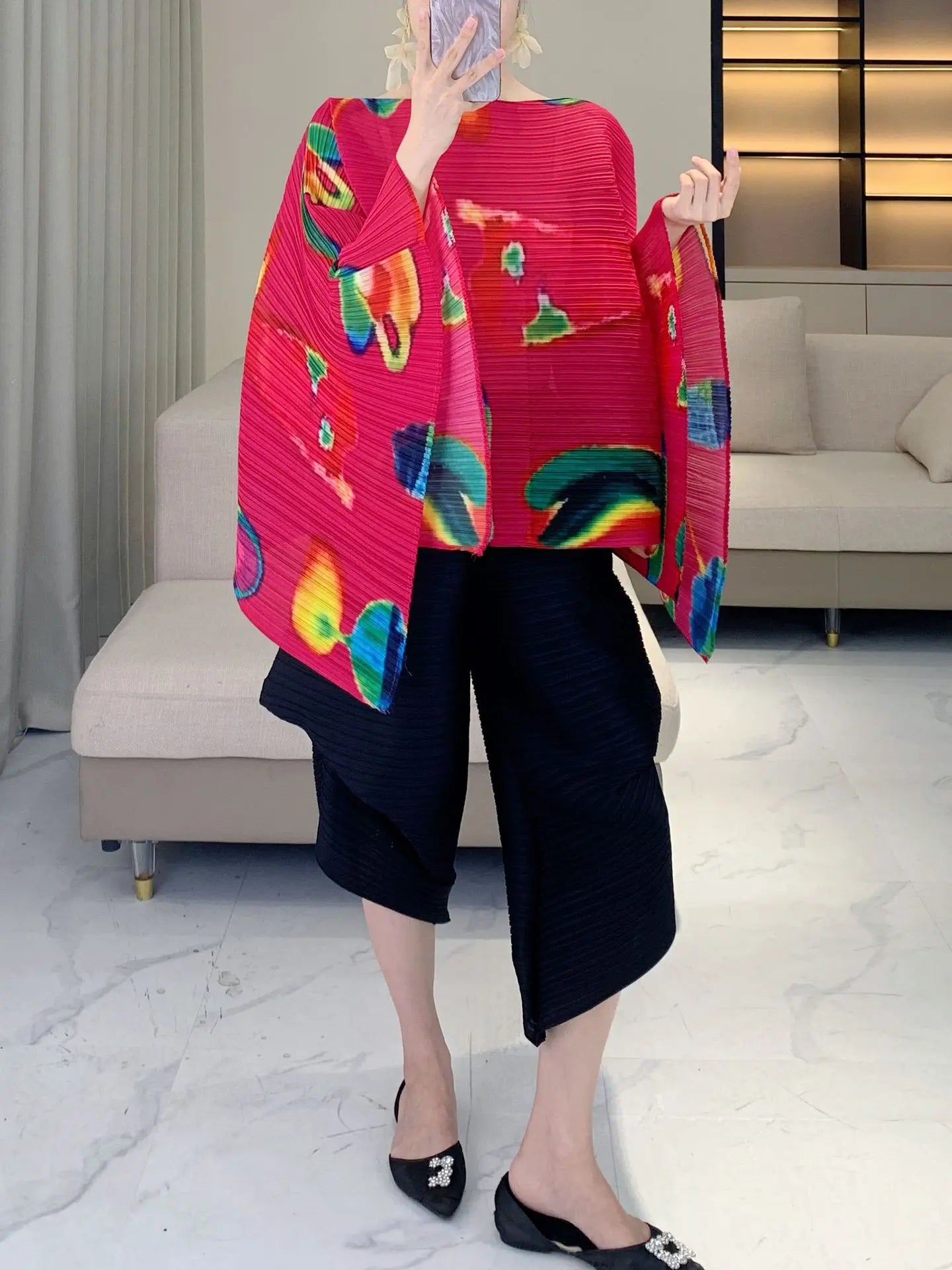 Pleated Striped Shawl, Fashionable Striped, Casual Outerwear, Versatile, Bat Sleeve Cape