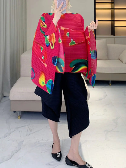 Pleated Striped Shawl, Fashionable Striped, Casual Outerwear, Versatile, Bat Sleeve Cape