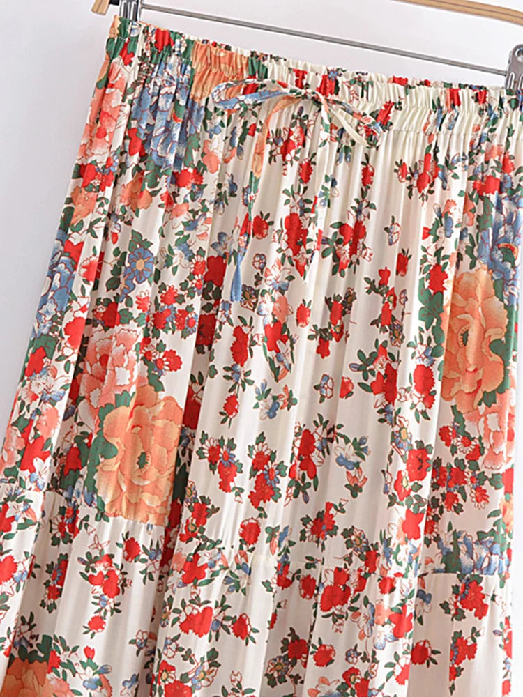Vintage Chic Bohemian Floral Print  Hippie Skirt High Elastic Waist Maxi Skirt
