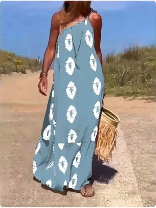 Bohemian Dress to 2XL  One Sloping Shoulder, Loose Long Dress