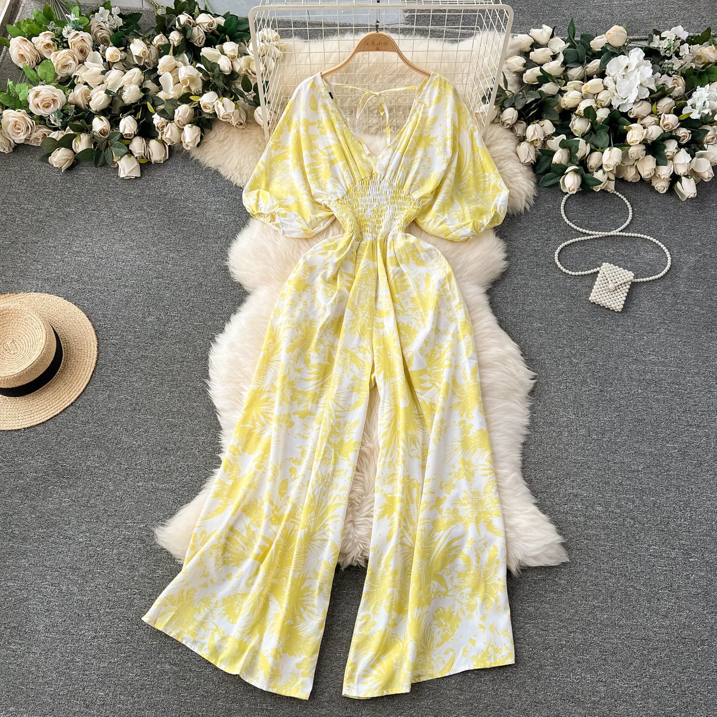 V Neck Dolman Sleeves Slim Waisted Floral and Polka Dot Print Jumpsuit with Wide Legs