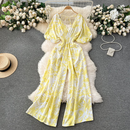 V Neck Dolman Sleeves Slim Waisted Floral and Polka Dot Print Jumpsuit with Wide Legs