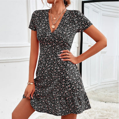 Floral Bohemian A-Line Dress with Ruffled Hem, V-Neck, Short Sleeves, and a Ruffle Hem
