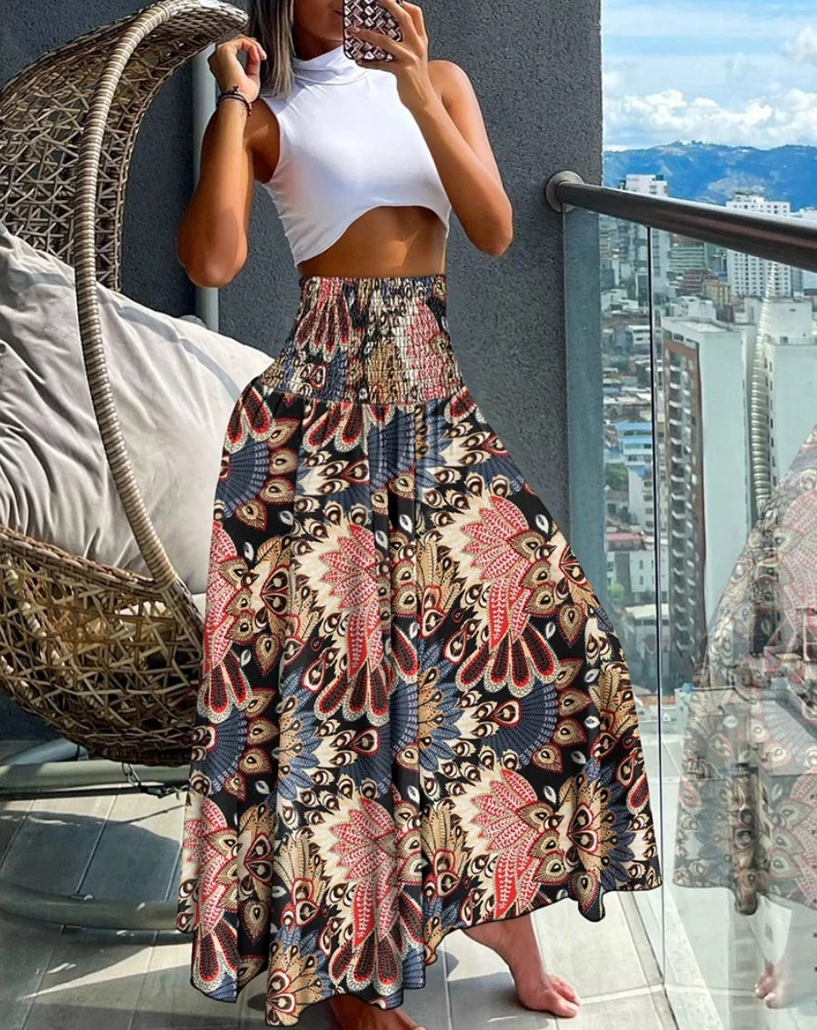 8 Designs of Long Paisley Print Flowy Boho Skirt With Tall Elastic Waist