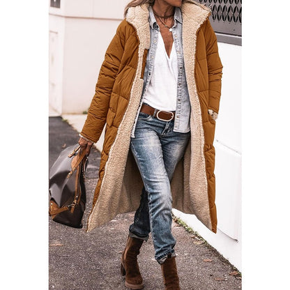 Reversible Sherpa Fleece, Long, Hooded Puffer Coats. Check colors: Brown, Green, Black, Burgundy, Light Gray