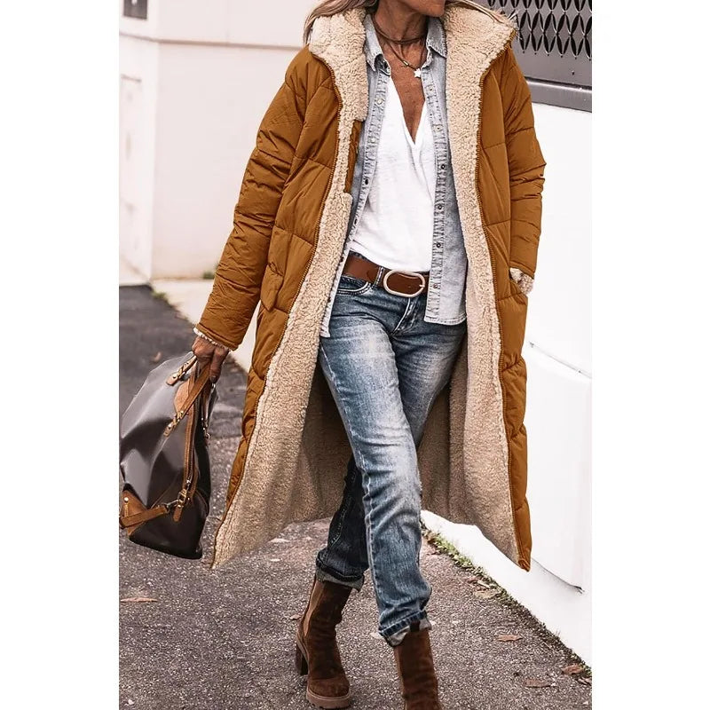 Reversible Sherpa Fleece, Long, Hooded Puffer Coats. Check colors: Brown, Green, Black, Burgundy, Light Gray