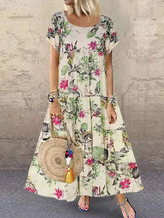 Vintage Boho Floral Print Maxi Dress, Short Sleeve, Boat- Neck, Cotton and Linen, Loose, Oversize
