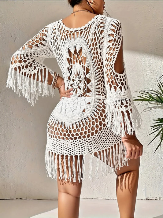 Sizes to 3XL Boho Crocheted Fringed, Casual & Loose Fit Cover-Up