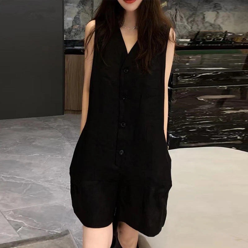 Sizes to 5XL Short Jumpsuits,  Sleeveless, Casual, Loose Fit, V Neck, Pockets, Comes in Khaki, Red, and Black