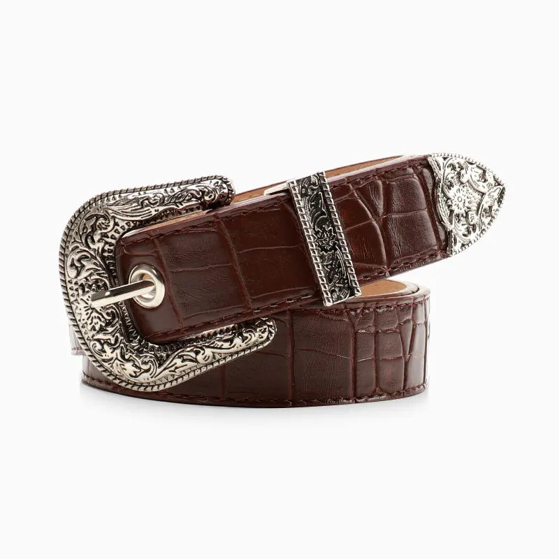Gothic Retro Western Style Etched PU Leather with Metal Pin Buckle and End Caps