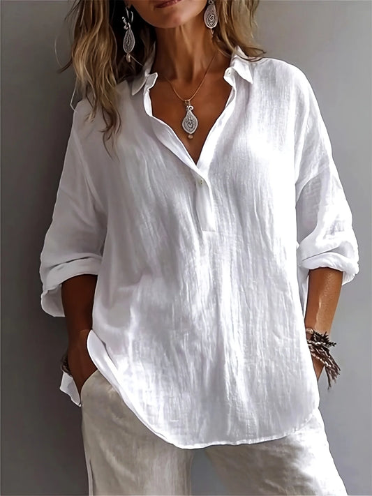 Sizes to 2XL Women's loose linen cotton blend Half -0pen collar casual pullover shirt