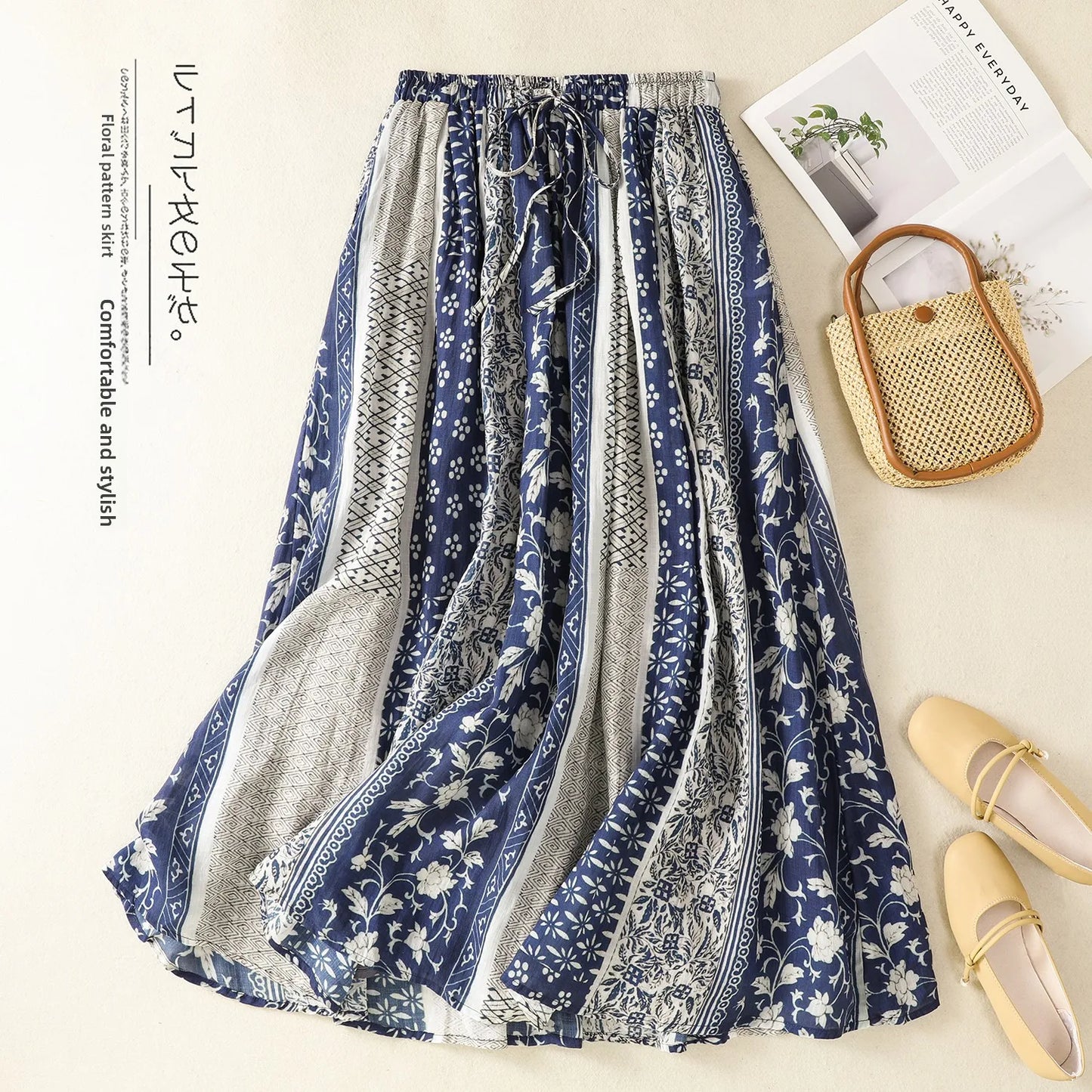 Retro Ethnic Print Flax A-Line Midi Skirt High Waist Drawstring Sizes to 2XL