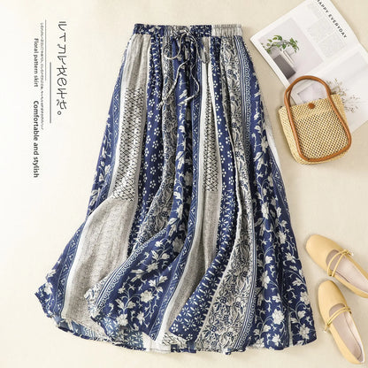 Retro Ethnic Print Flax A-Line Midi Skirt High Waist Drawstring Sizes to 2XL