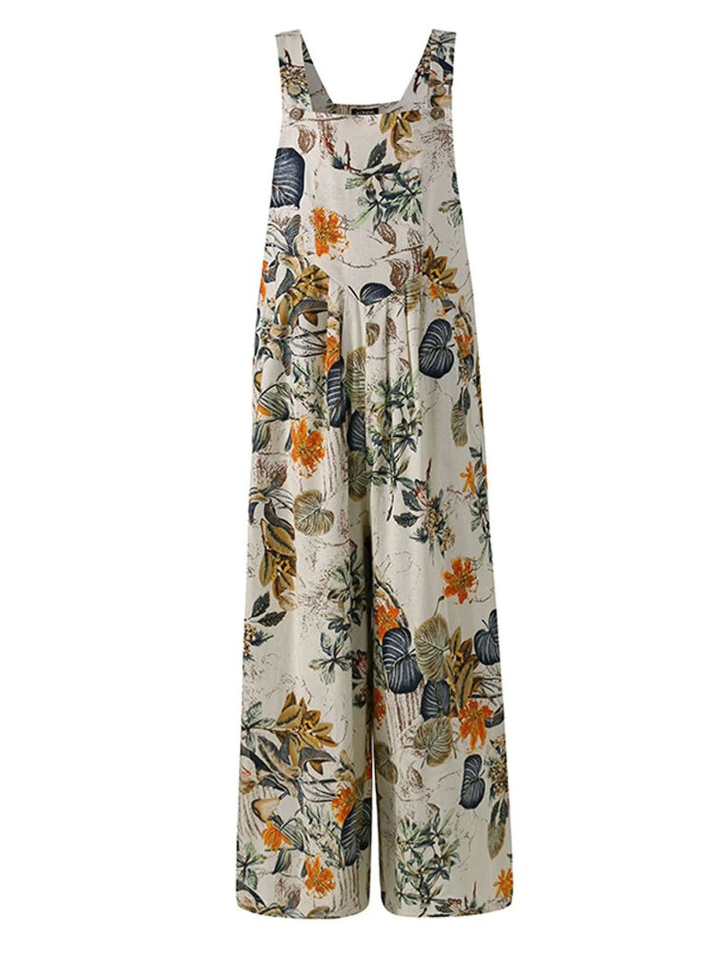 Floral Print, Square Neck, Sleeveless, Casual Overalls with Pockets