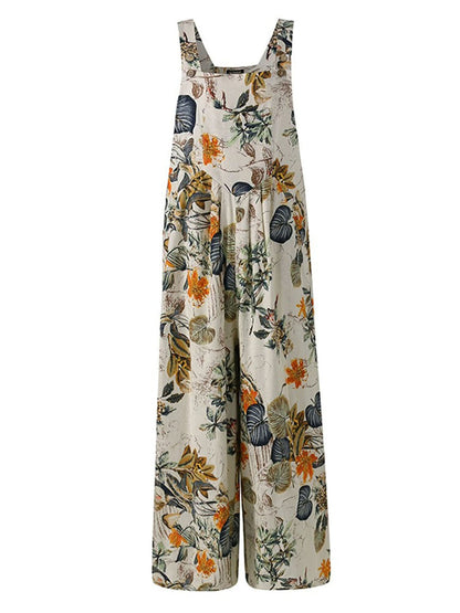 Floral Print, Square Neck, Sleeveless, Casual Overalls with Pockets