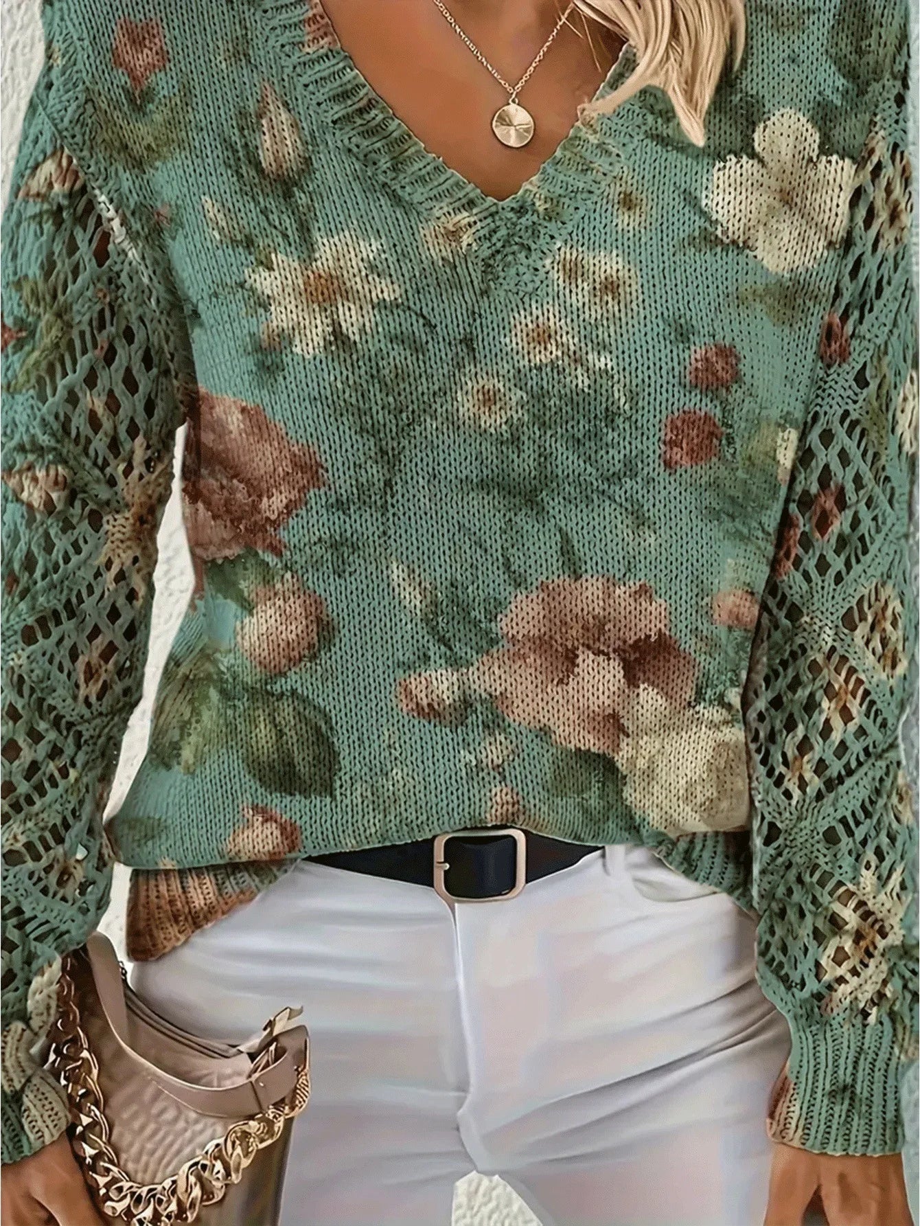Boho Floral Print V Neck Crocheted Long Sleeved Sweater with Hollowed Out Knit Sleeves in 12 Different Designs