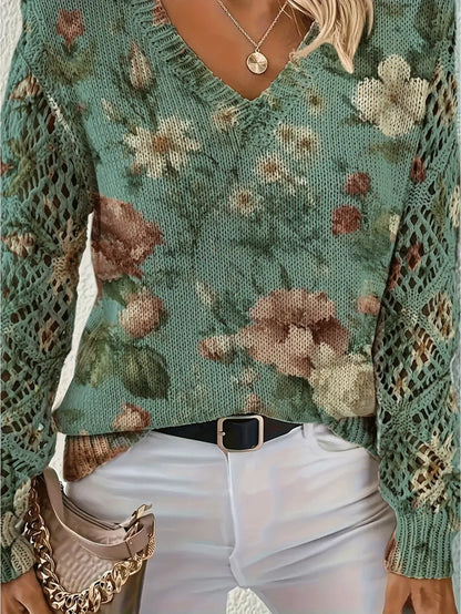 Boho Floral Print V Neck Crocheted Long Sleeved Sweater with Hollowed Out Knit Sleeves in 12 Different Designs