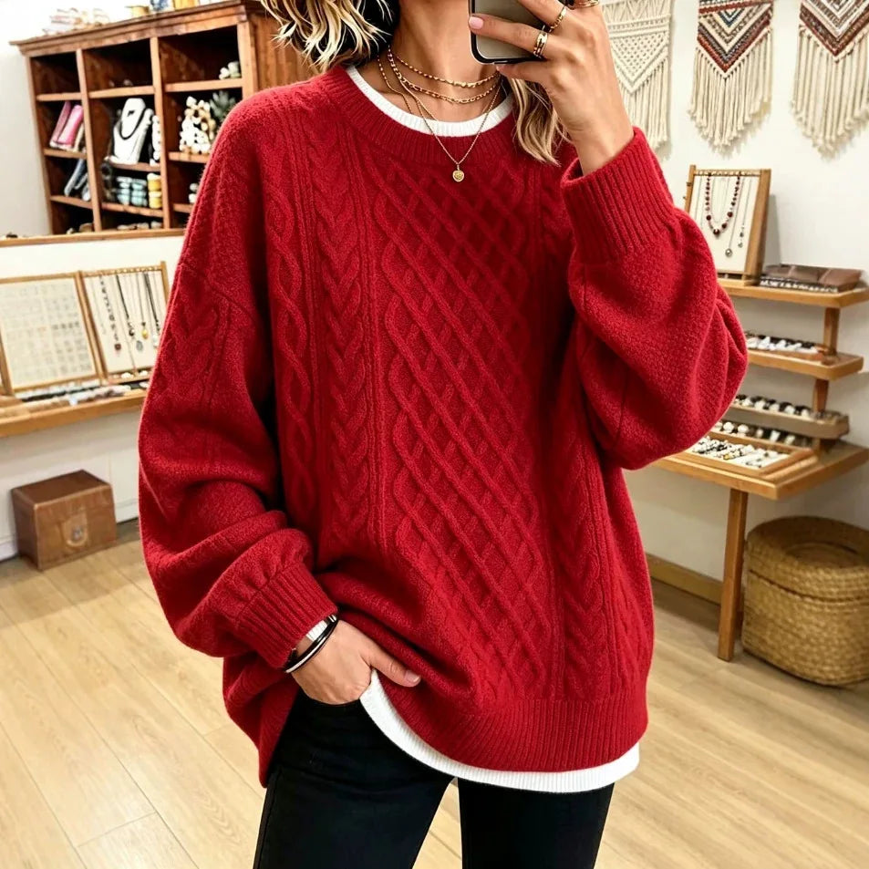 Sizes to 3XL Retro Cable Knit Sweater, Round Neck, Loose Pullover, Casual Long Sleeve Top. Comes in 9 Colors