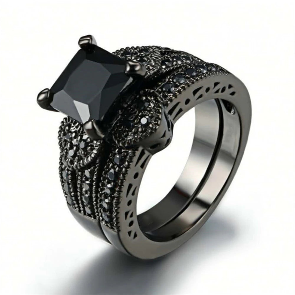 Black Stainless Steel Ring Sets, Women's Black Stone Engagement with a small heart band.  Men's is all Black Stainless Steel