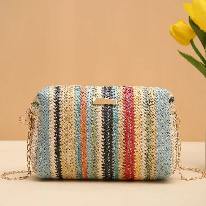Small Rattan Knit Flap Bag with cross shoulder chain 6 colors