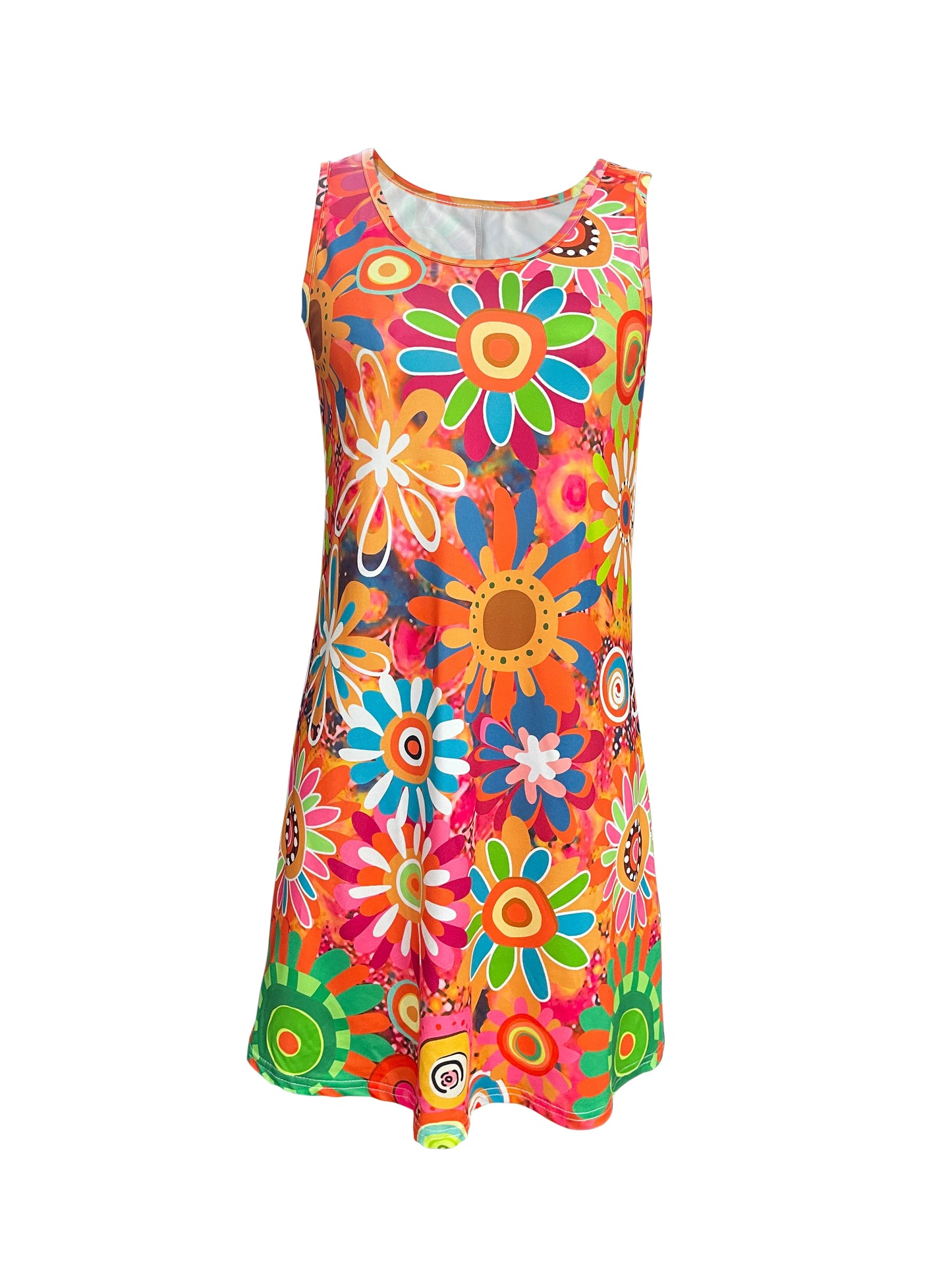 Sizes to 2XL, Vibrant Boho Floral Print. Sleeveless. Tank Top Dress