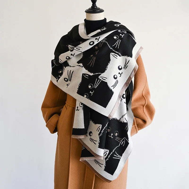 Cute Cat Ladies' Jacquard Pashmina Cashmere Scarf Thick Warm