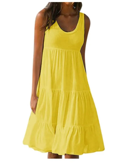 Sizes to 5XL, Casual Boho Tank Top Neck, Sleeveless, Tiered Ruffles, Oversized Loose Dress