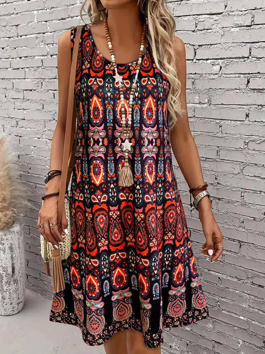 Vintage Boho All-Over Print Casual Sleeveless Dress, Off-Shoulder
