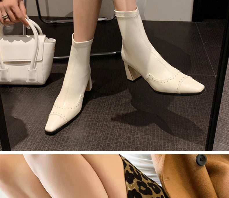 Rivetted Boots with Square Toes and Chunky Heels. Over the Ankle Stretch Tops