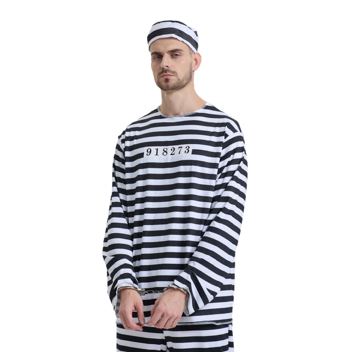 Adult Prisoner Costume Includes Top, Pants, and Headwear