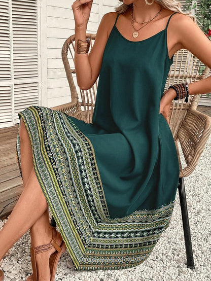 Boho Cami Dress, Casual Adjustable Spaghetti Straps