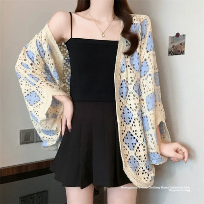 Bohemian Style Hollowed-out Long Sleeve Light Weight Sweater with V Neck and Batwing Sleeves