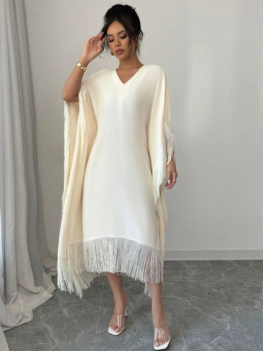 Boho Tassel Trim Maxi Dress, V Neck, Batwing Sleeves, Fringe Hem, Lightweight Flowy