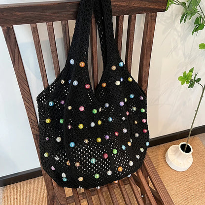 Boho Crochet Bag with Colored Beads Aesthetic Large Capacity Knitted Tote/Handbag Available in 4 Colors