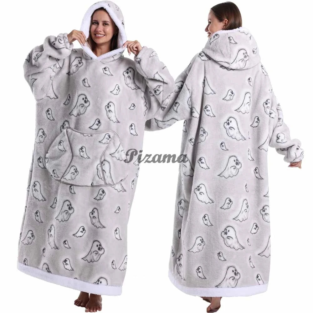 Super Long Flannel Pullover Night Shirt with Pocket and Hood, Super Snuggly for Men and Women, 12 Different Prints