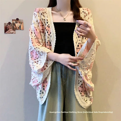 Bohemian Style Hollowed-out Long Sleeve Light Weight Sweater with V Neck and Batwing Sleeves
