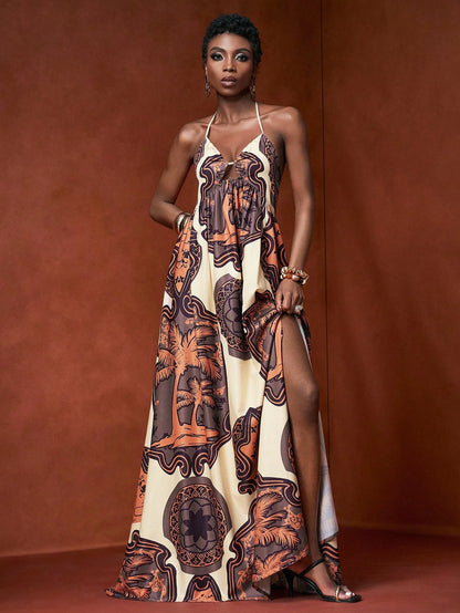 Retro Print Halter Neck Maxi Dress with Side Slit