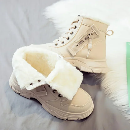 Short Snow Boots, Anti‑Slip, Warm Fur Lined, Lace-Up Casual Ankle Boots, Come in Black, White, Tan