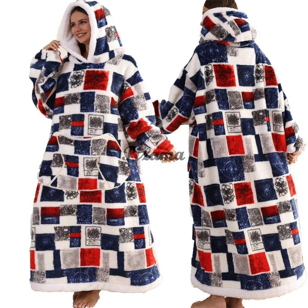 Super Long Flannel Pullover Night Shirt with Pocket and Hood, Super Snuggly for Men and Women, 12 Different Prints