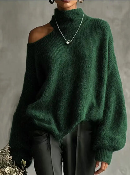 Off-Shoulder High-Collar Loose Knit Pullover, Long Sleeve, 10 Colors in sizes to 2XL
