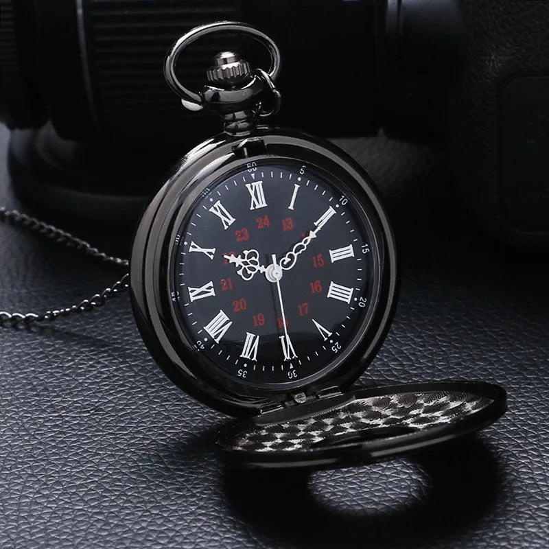Vintage Charm Black Unisex Fashion Roman Numeral Quartz Steampunk Pocket Watch with Necklace chain