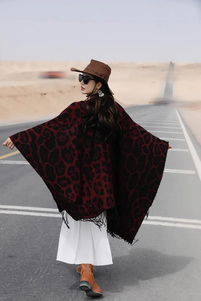 Vintage Boho Leopard Print Soft Over-the-Head Cloaks With Tassels