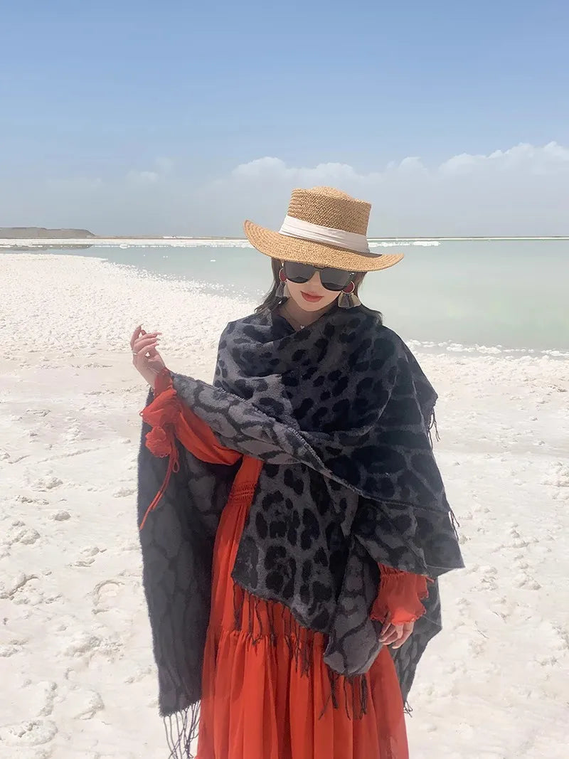 Vintage Boho Leopard Print Soft Over-the-Head Cloaks With Tassels