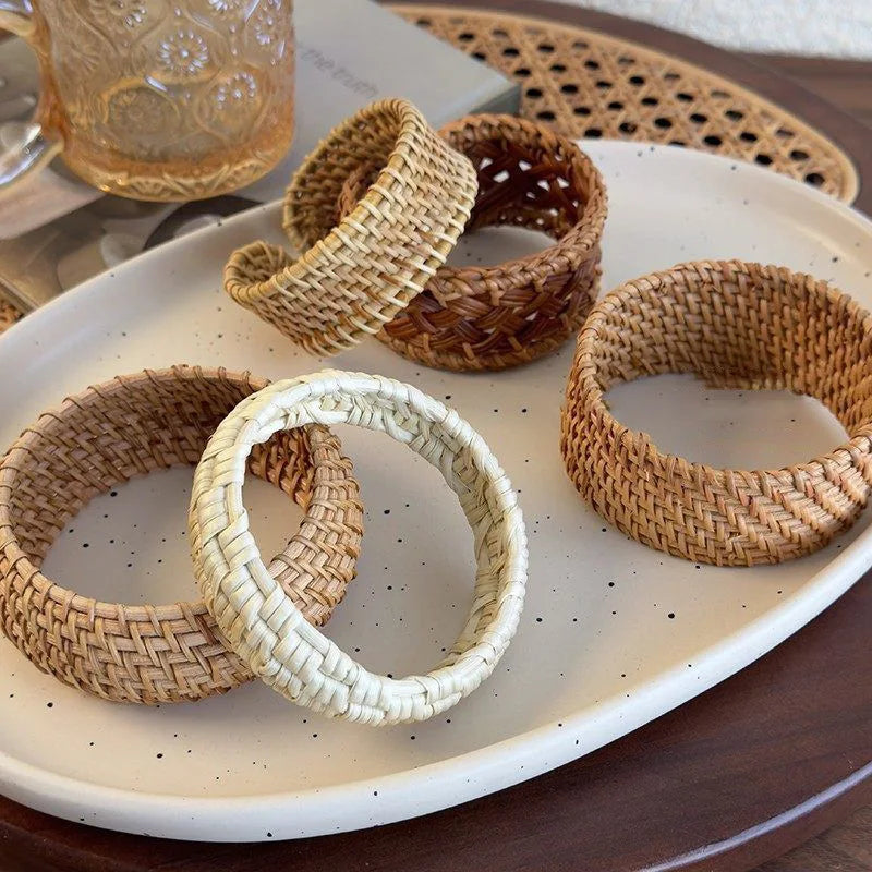 Boho Coffee Wood Bamboo Rattan Knit Wide Bracelets,  Hand-woven Wrapped Vintage Cuff Bracelets